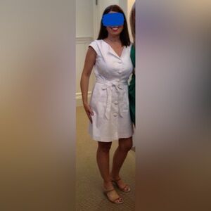 Leona | Belted Button Front Dress | White Textured Cap Sleeve | 4